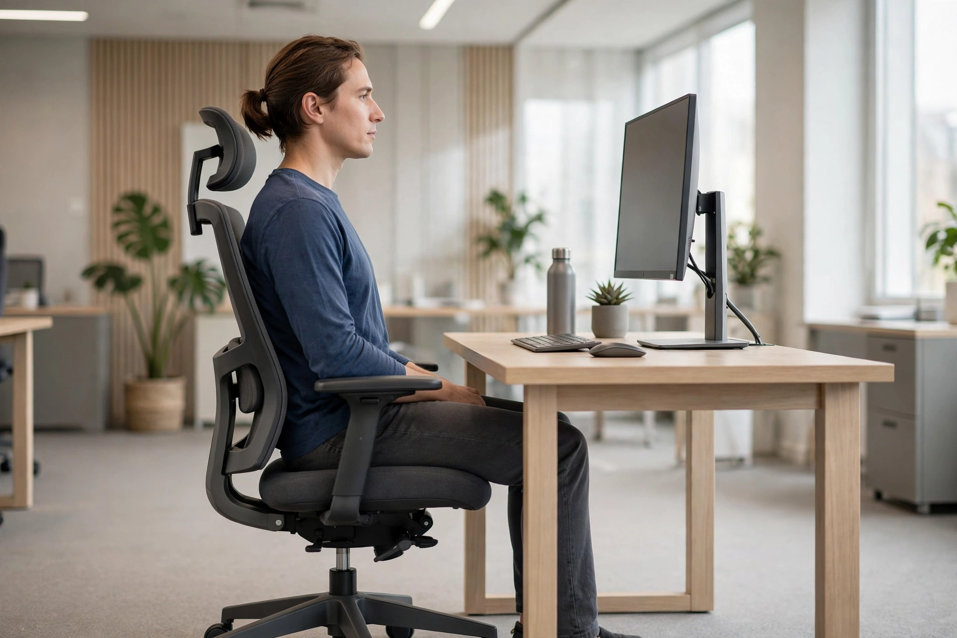 Side view of a person sitting with upright ergonomic posture in an adjustable office chair at a desk, with the monitor at eye level
