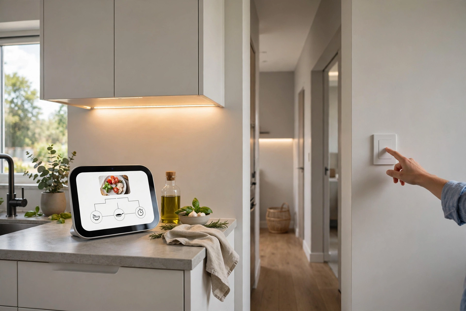 Kitchen and hallway with a smart display, smart lighting strips, and a hand tapping a smart light switch
