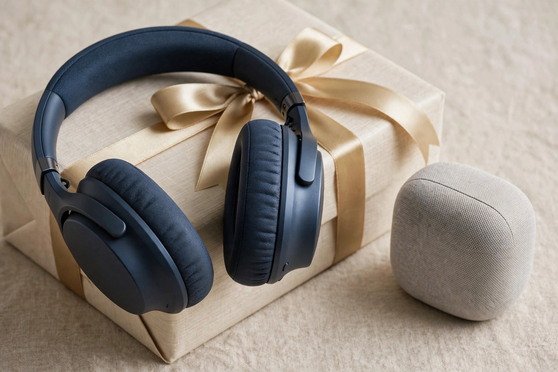 Over-ear headphones resting on a wrapped gift box