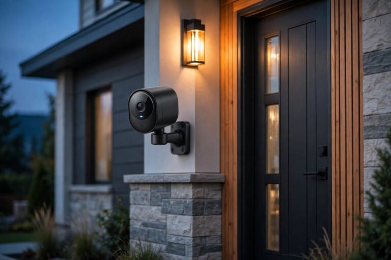 A modern smart security camera mounted beside a house front door at dusk