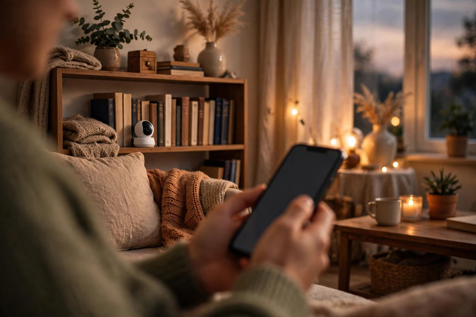 A person checking a home security camera feed on a smartphone in a living room