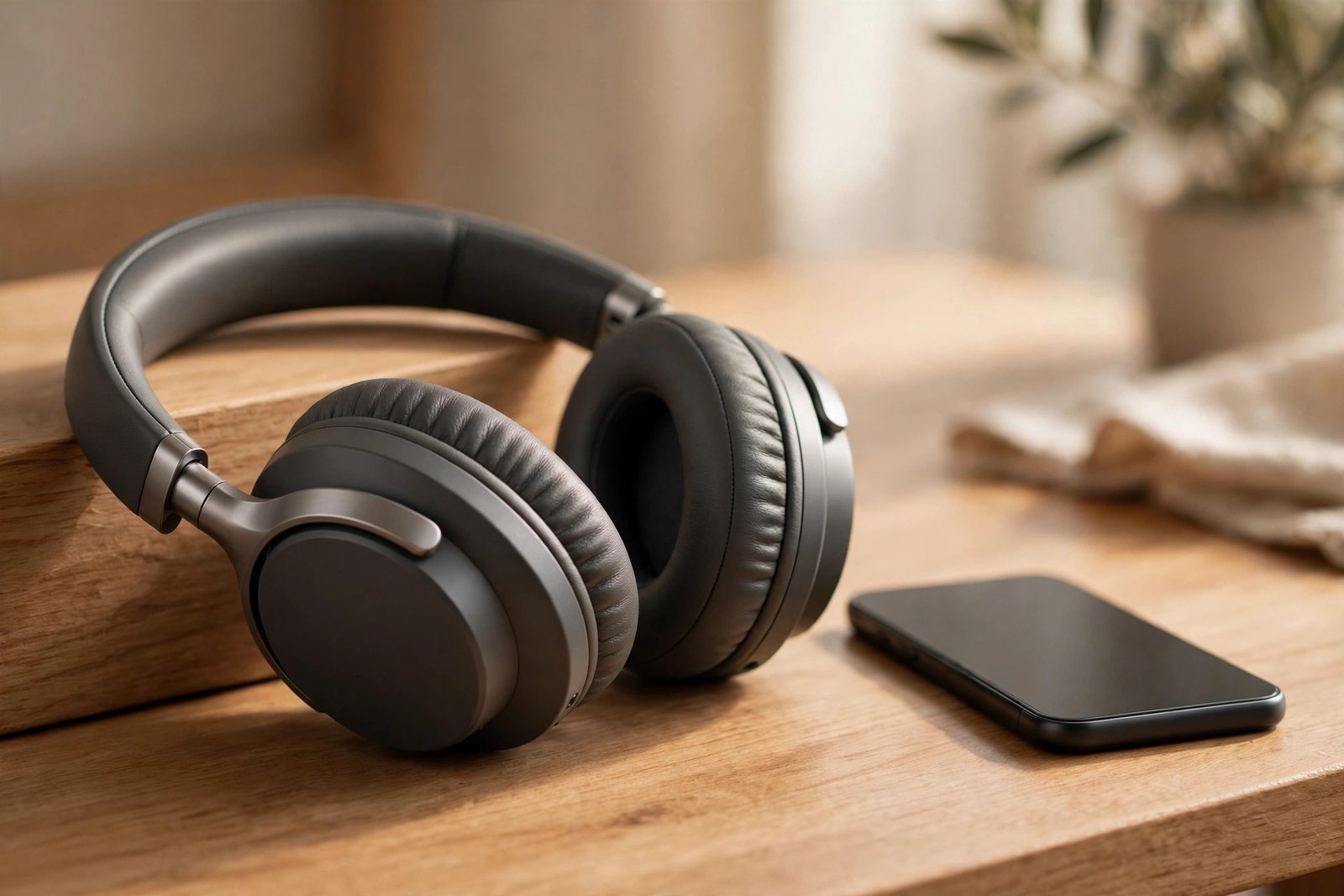 Wireless over-ear headphones resting on a wooden desk beside a phone
