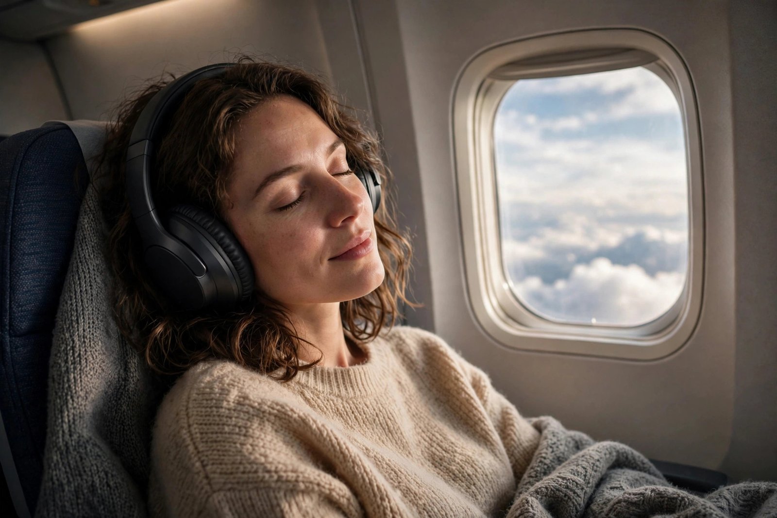 A traveler wearing over-ear headphones while relaxing in an airplane seat