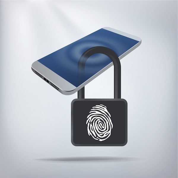 Smartphone secured by a padlock with a fingerprint symbol