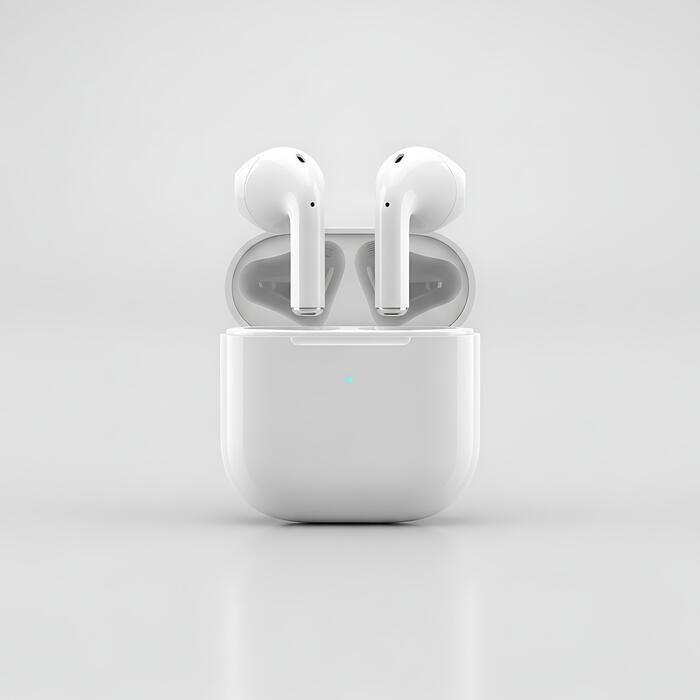 White wireless earbuds resting in an open charging case